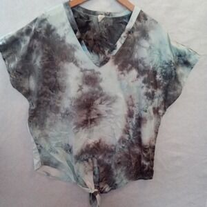 CY Women Blue Grey Tie Dye V-Neck Front Tie Short Sleeve Top Small